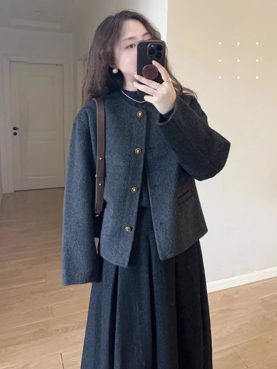 法式小香风黑色双面羊绒毛呢外套女秋冬季羊毛双面呢短款呢子大衣-阿里巴巴