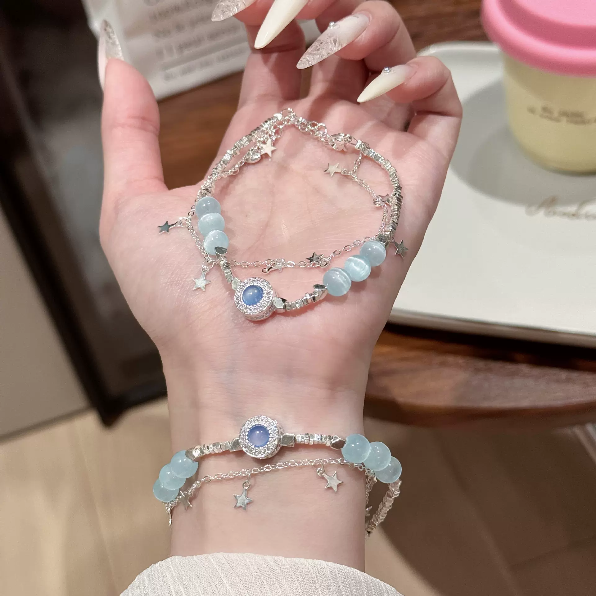 海蓝宝手链女碎银猫眼石时尚小众气质轻奢手饰女设计高级感手串