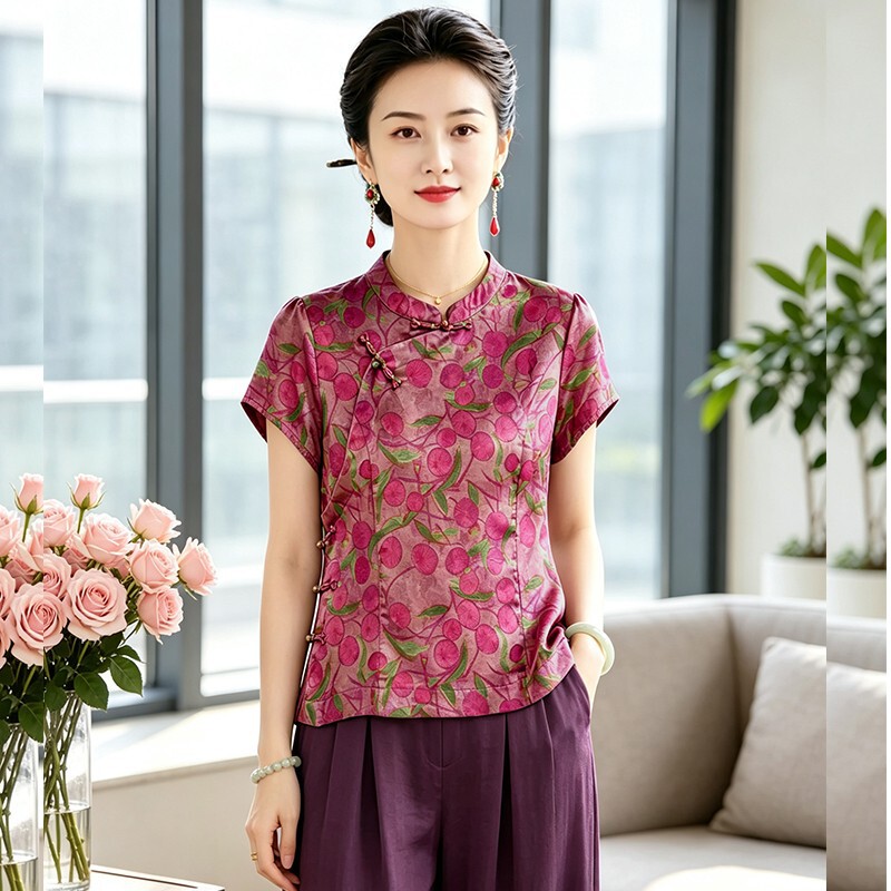 2026 New Chinese Style Stand Collar Buttoned Short Sleeve Top for Women with Lychee Print, Smooth Retro National Style, Gentle and Elegant Blouse
