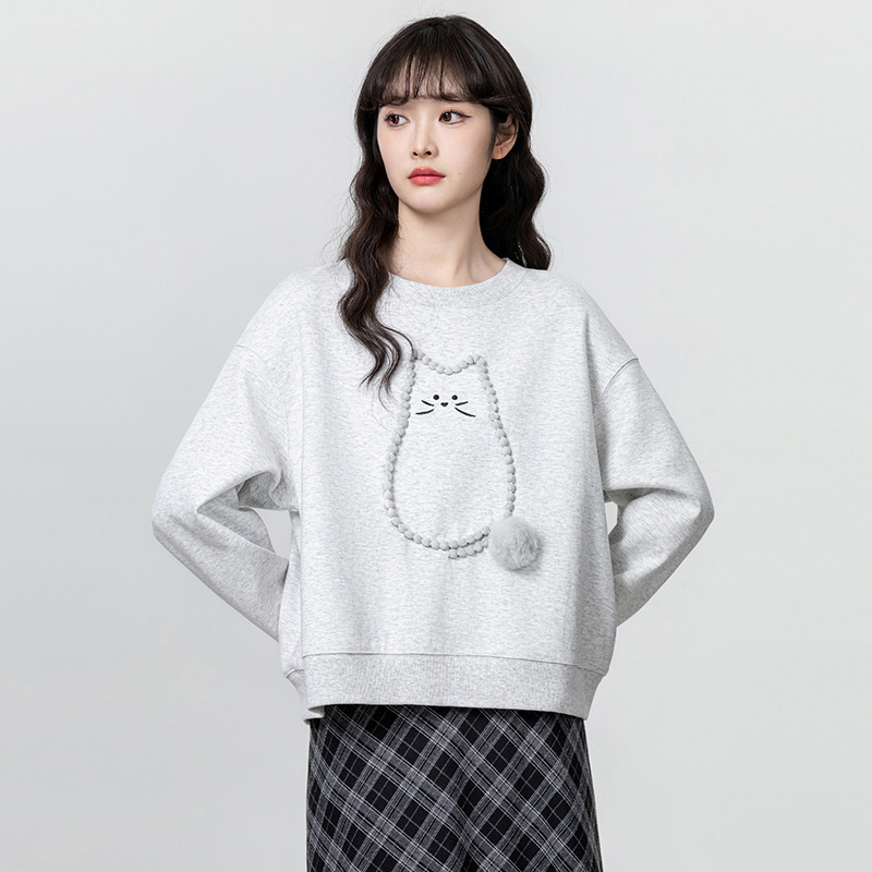 灰色圆领长袖卫衣女秋2025春秋新款韩版宽松卡通无帽套头薄款上衣|undefined