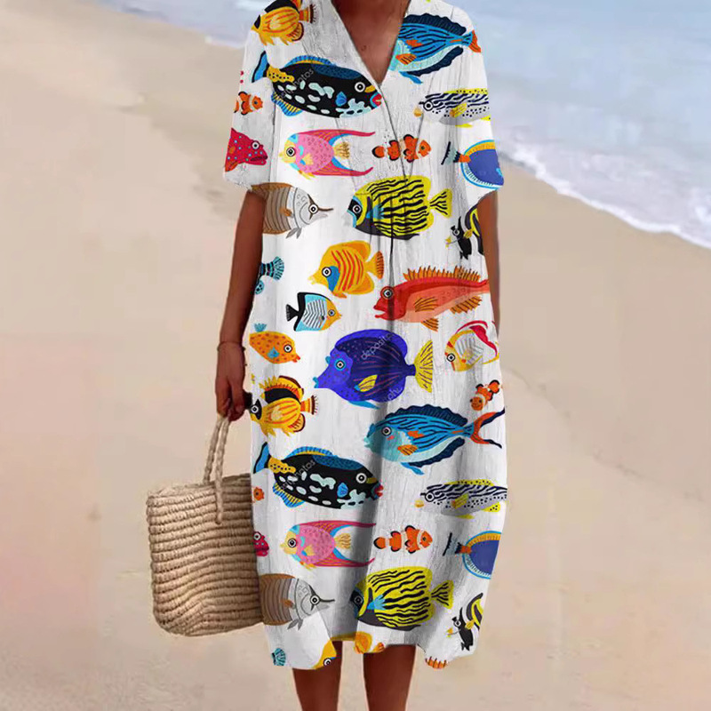2025 Cross-Border Independent Station Shirt Dress Amazon Women's Casual Marine Life 3D Printed Sleeve Long Dress Women