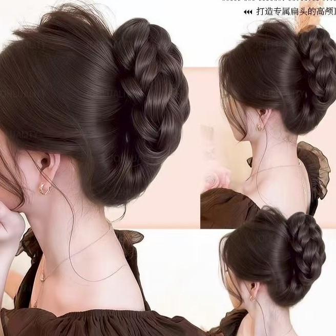 Long Straight Hair Bun Wig with Wispy Bangs, Double Ponytails, Natural and Fluffy Style, Braided Hair Bun for Women