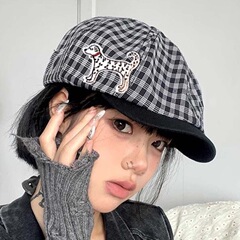 帽子女设计感小众复古日系贝雷帽显脸前进格纹大头画家可爱鸭舌帽