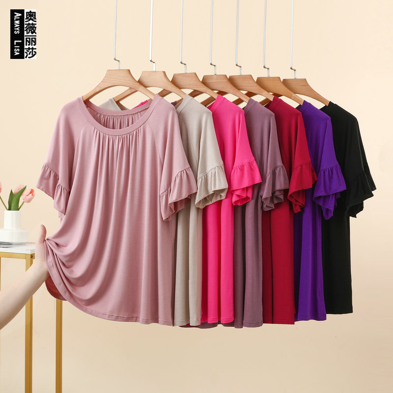 Modal Summer New Style Pleated Round Neck T-Shirt with Ruffled Cuffs, Loose Casual Plus-Size Sweet Loungewear Modal Summer New Style Pleated Round Neck T-Shirt with Ruffled Cuffs, Loose Casual Plus-Size Sweet Loungewear