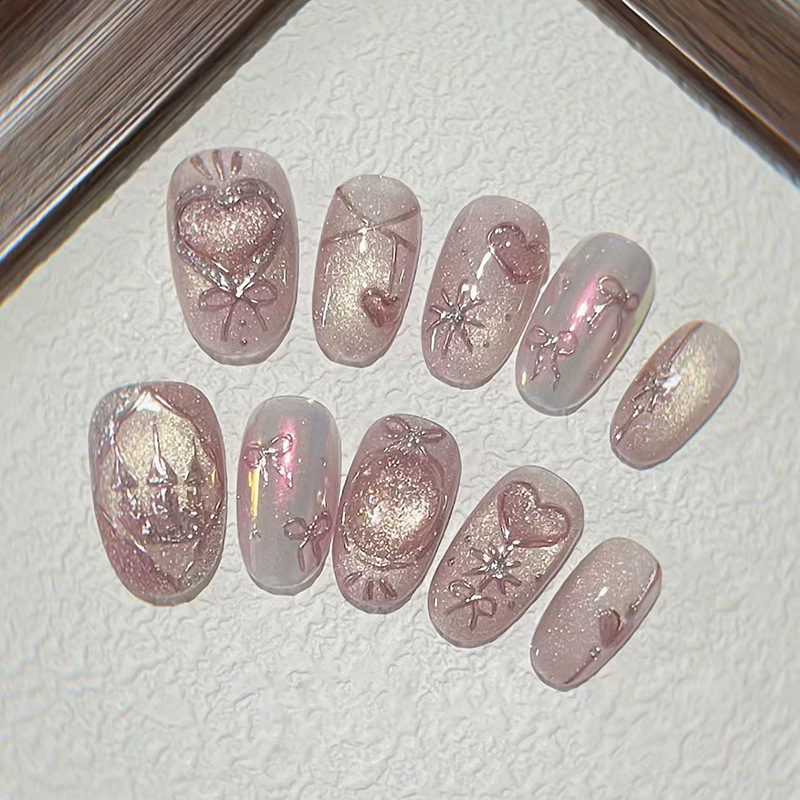 Star Yarn Purple Dream Taro Mud Cat Eye 3D Heart Starburst Removable Wearable Nails 30 Pieces Press on Nails