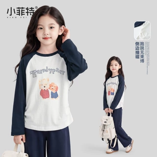 小菲特女童秋装2026新款时尚长袖t恤中大童圆领印花擦肩袖上衣