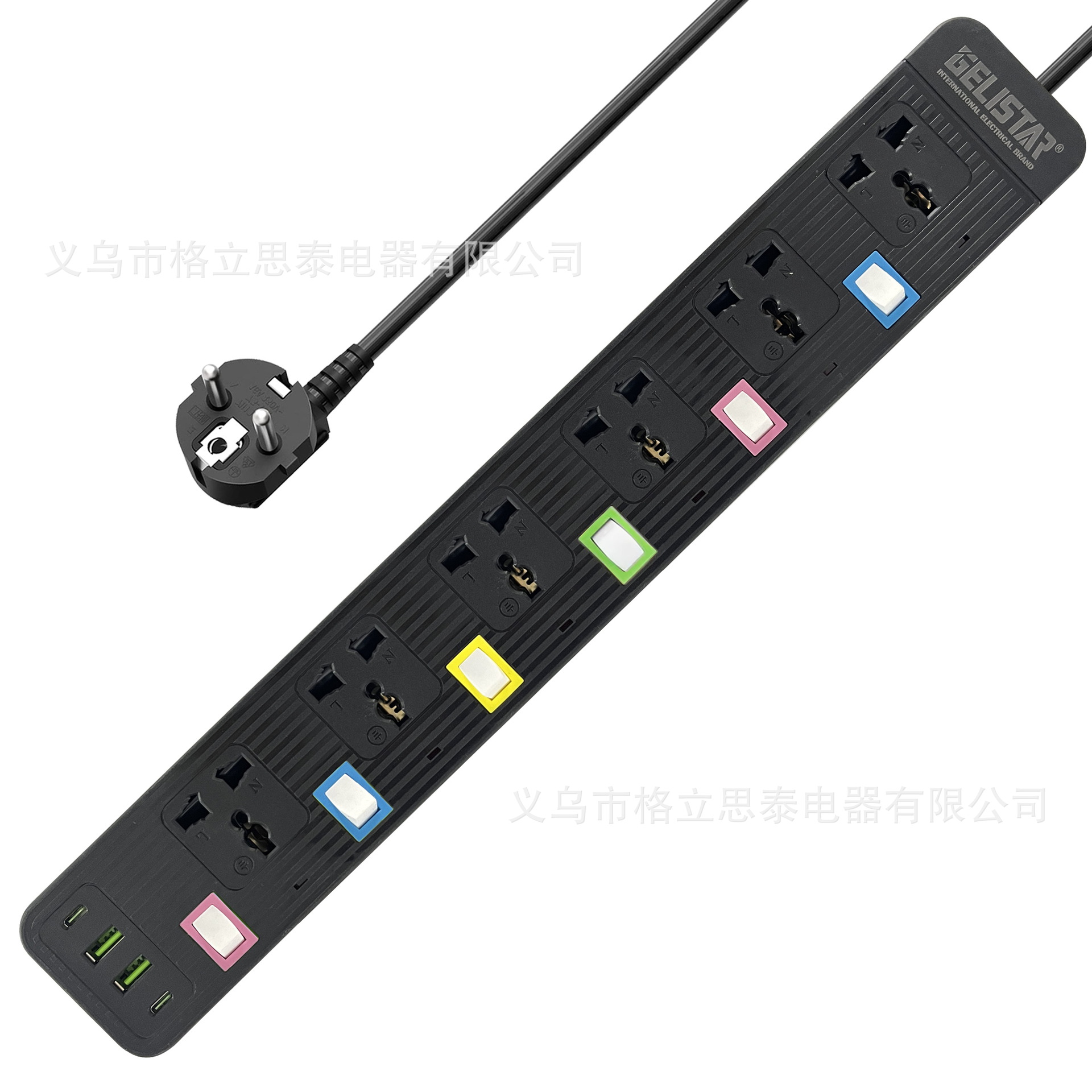 带USB 彩色独立开关排插热销万能孔插座跨境插排出口延长线板多孔