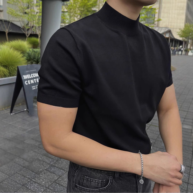 Black Half-turtleneck Turtleneck Knitted T-shirt Men's Spring and Summer Men's Short-sleeved Sweater Trendy Slim-fit Base Half-sleeved Shirt