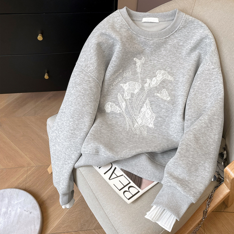 Clearance Sale Gray Sweatshirt for Women Autumn Loose Spliced Lace Embroidery Design Top Clearance Sale Gray Sweatshirt for Women Autumn Loose Spliced Lace Embroidery Design Top