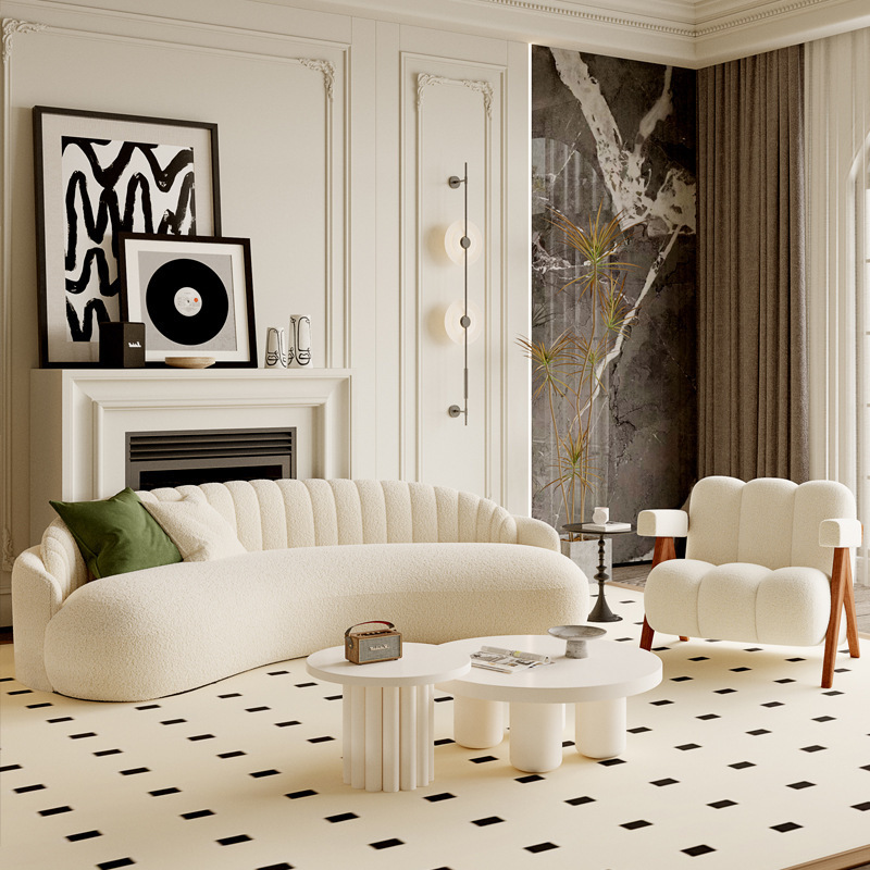 Nordic Cream-Style Fabric Sofa for Living Room, Beauty Salon Reception Area, Office, Simple Cat-Scratch-Resistant Leather, Curved Small Sofa