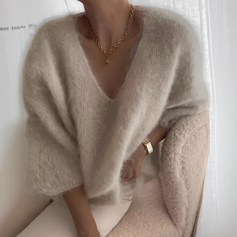 European and American Cross-Border Women's Autumn and Winter Fluffy V Neck Knitted Pullover Soft and Comfortable Furry Texture Loose Sweater