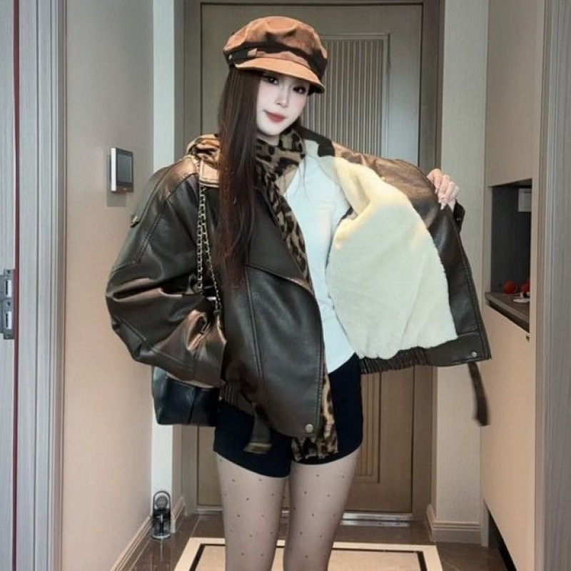 Fleece-Lined Thickened Autumn and Winter New Leather Jacket for Women, Hong Kong Style Versatile Leather Jacket, Korean Style Loose Biker Jacket