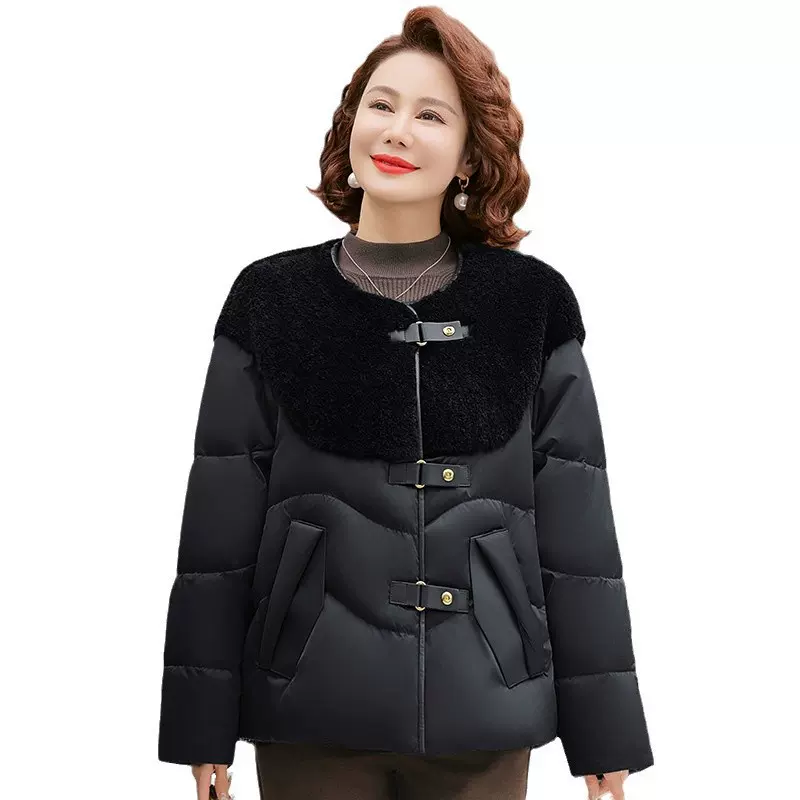 中年女装新款无领白鸭绒妈妈长袖时尚韩版外套加大加肥羽绒服上衣