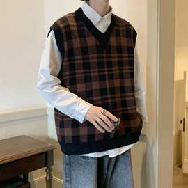 无袖坎肩毛衣男直筒型休闲套头格子拼色V领秋季潮青春流行针织衫