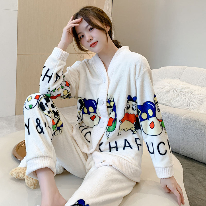 Varios pijamas de invierno de las mujeres con cuello en V cardigan de dibujos animados lindo forro polar engrosada franela traje homewear mujeres