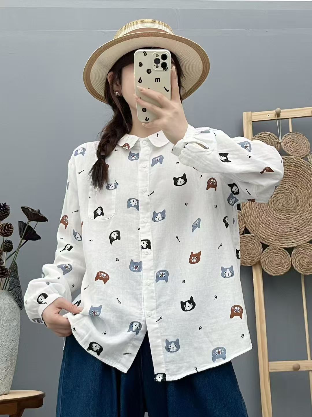 1131 森系卡通印花双层棉纱长袖衬衫 女2025秋装新款宽松显瘦上衣