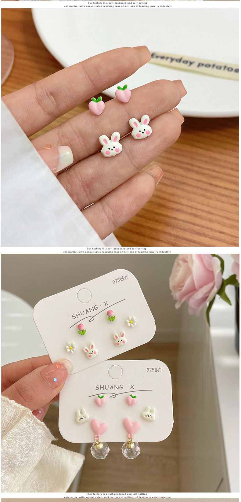Cute Sweet Rabbit Heart Shape Flower Alloy Spray Paint Plating Women's Ear Studs display picture 2