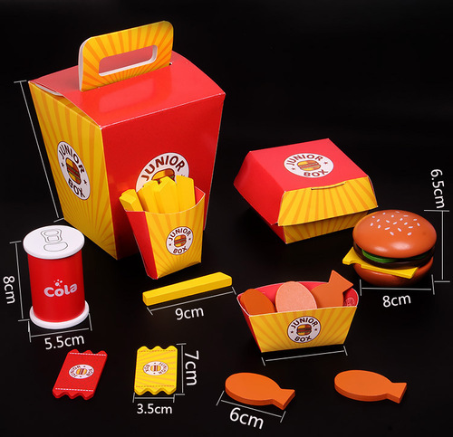 Children's playset wooden toy fast food combo set with simulated cutting fun pizza burger fries wholesale