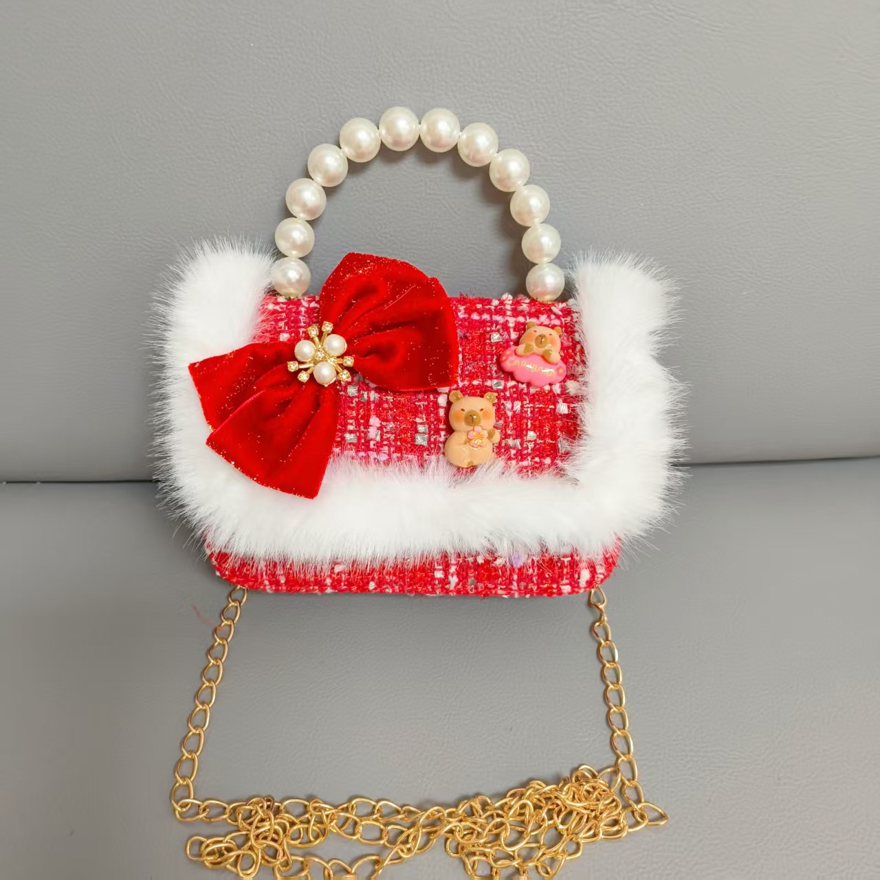 Cartera de Año Nuevo rojo, bolso de perlas, arco de arco, bolso de mano, cadena de viento de fragancia, bolso de hombro pequeño
