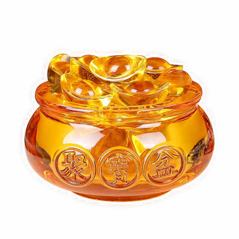 Decoración del hogar chino de vidrio esmaltado conjunto de realocamiento para atraer la fortuna regalo de cristal dorado ornamentos de cuenca