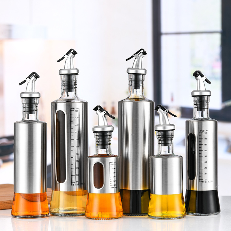 Glass oil dispenser stainless steel leak-proof bottle household kitchen seasoning bottle for soy sauce and vinegar with scale container seal