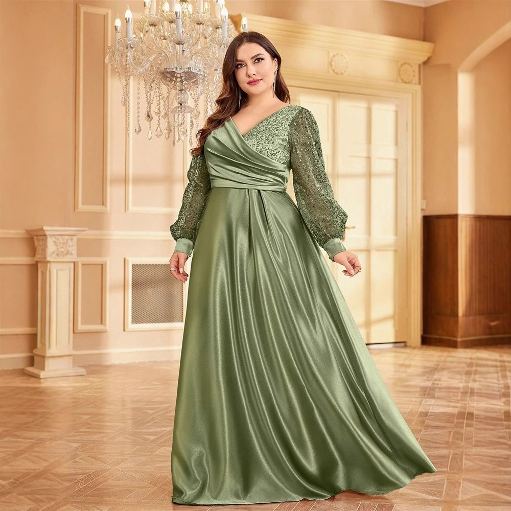 ChicShe Cross-Border Neues elegantes Plus-Size-Kleid aus Satin mit Pailletten, langen Ärmeln, V-Ausschnitt, schmal geschnitten, für Brautjungfern, Bankette und Abendveranstaltungen_voghion.com