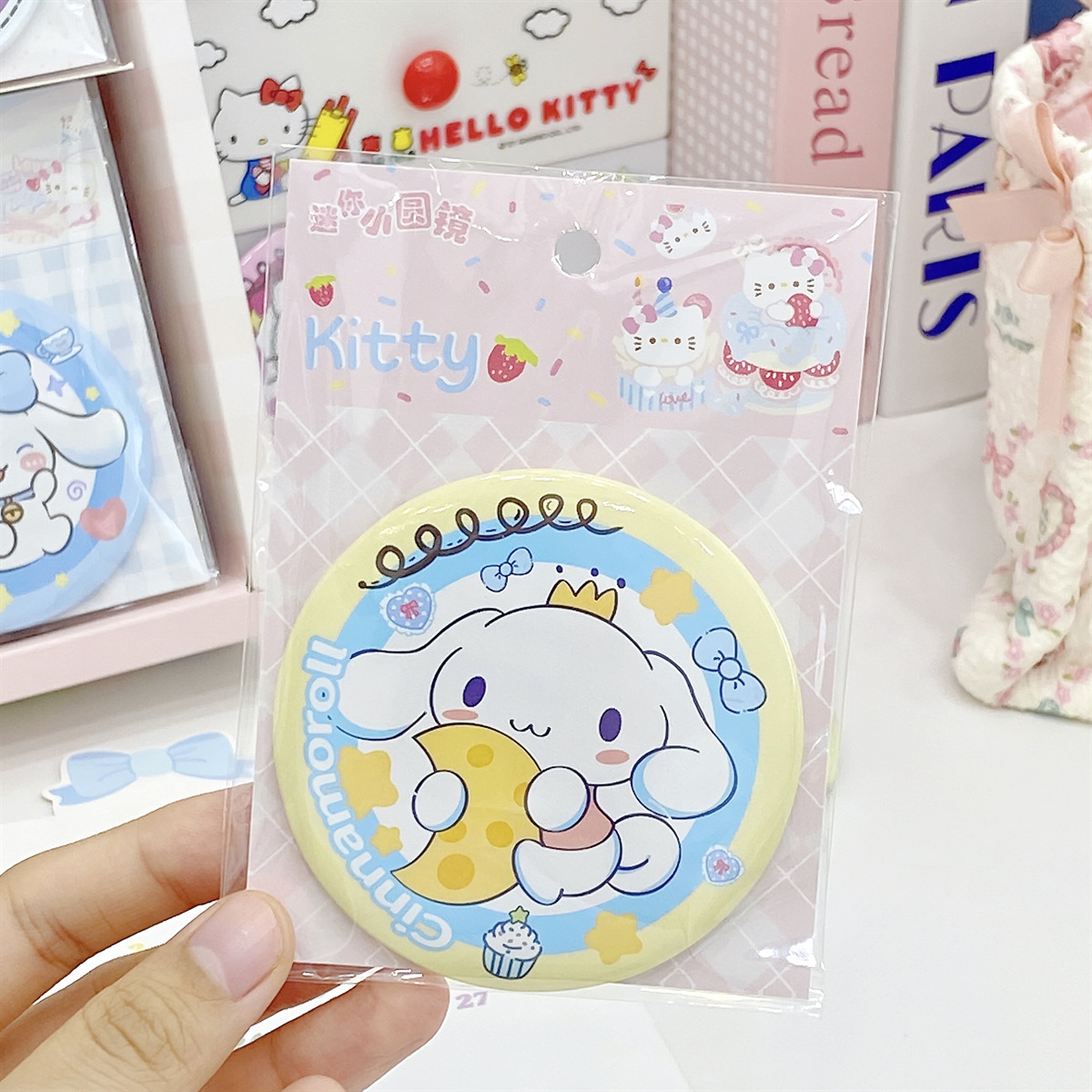 [Bolsa] dibujos animados Sanrio pequeño espejo redondo mini portátil de estaño espejo unilateral con espalda tarjeta espejo de bolsillo