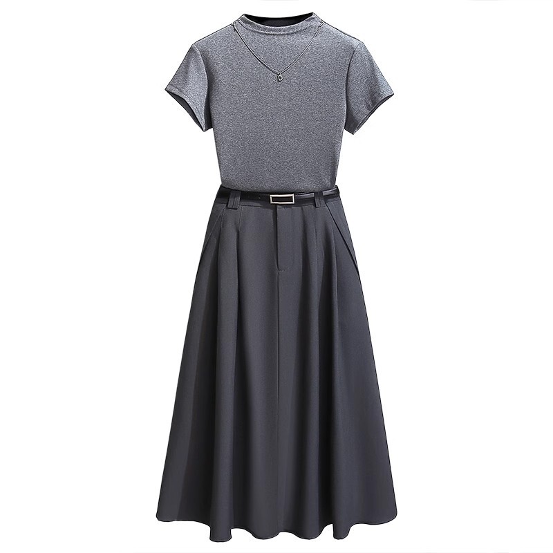 グレーのタートルネックトップスーツとスカートのツーピーススーツ女性用2025春と夏の新しいスタイルの5月1日の服装|undefined