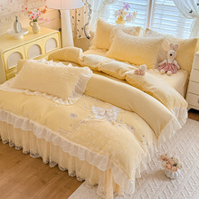 高端冬季加厚牛奶绒四件套床盖款公主风珊瑚绒花边被套罩床上用品