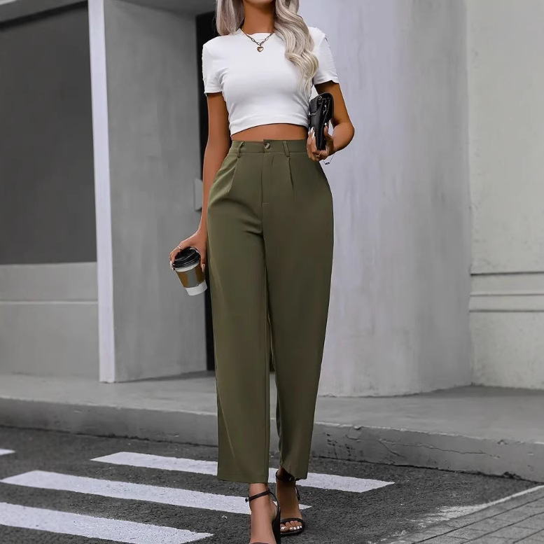 2024 comercio exterior transfronterizo europeo y americano nuevo elegante color sólido alto plumado pantalones de trajes de piernas anchas pantalones de mujer