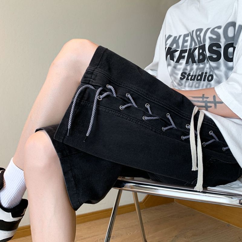 Braided Rope Denim Shorts Men's Summer High Street Retro Five-Point Pants Design Niche Loose Trendy Brand Large Pants