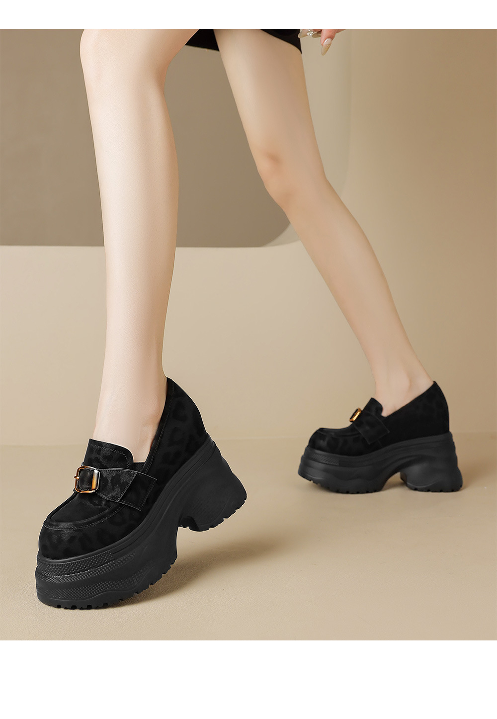 Giày loafer nữ đế xuồng họa tiết báo khóa kim loại tăng chiều cao — đen, nâu đen chi tiết 13