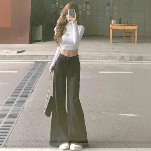 American Retro High-Waisted Wide-Leg Denim Jeans for Women - Summer Loose Slimming Flowy Black Fringe Floor-Length Pants