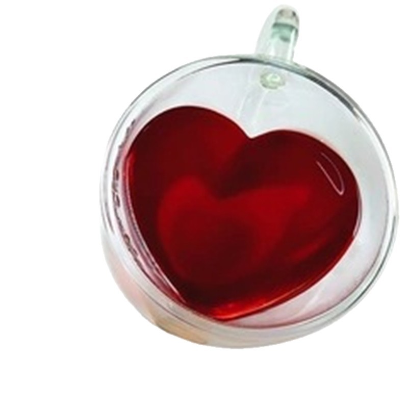 Tazas de té en forma de corazón al por mayor, tazas de doble capa aisladas, tazas de vidrio, tazas de doble capa en forma de corazón de 50 ml resistentes al calor
