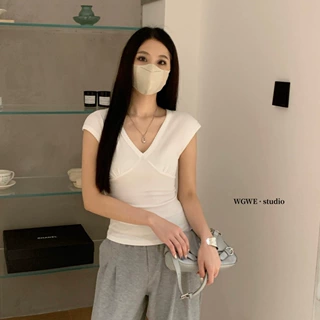 WGWE韩系温柔风花边V领小飞袖T恤女2026夏纯欲修身显瘦百搭上衣