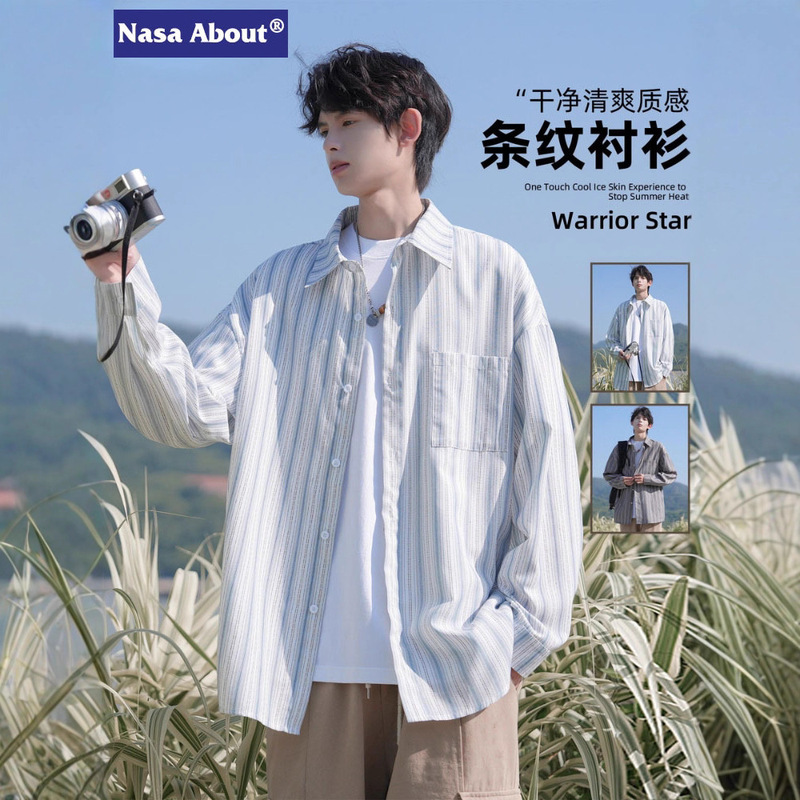 Nasa Japanese Retro Long-Sleeve Shirt for Men, New Spring and Autumn Style, Cool Striped Trendy Versatile Loose Casual Jacket Nasa Japanese Retro Long-Sleeve Shirt for Men, New Spring and Autumn Style, Cool Striped Trendy Versatile Loose Casual Jacket