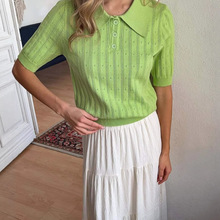 2025跨境俄罗斯镂空翻领短袖针织衫女2025新款夏季小众半袖上衣