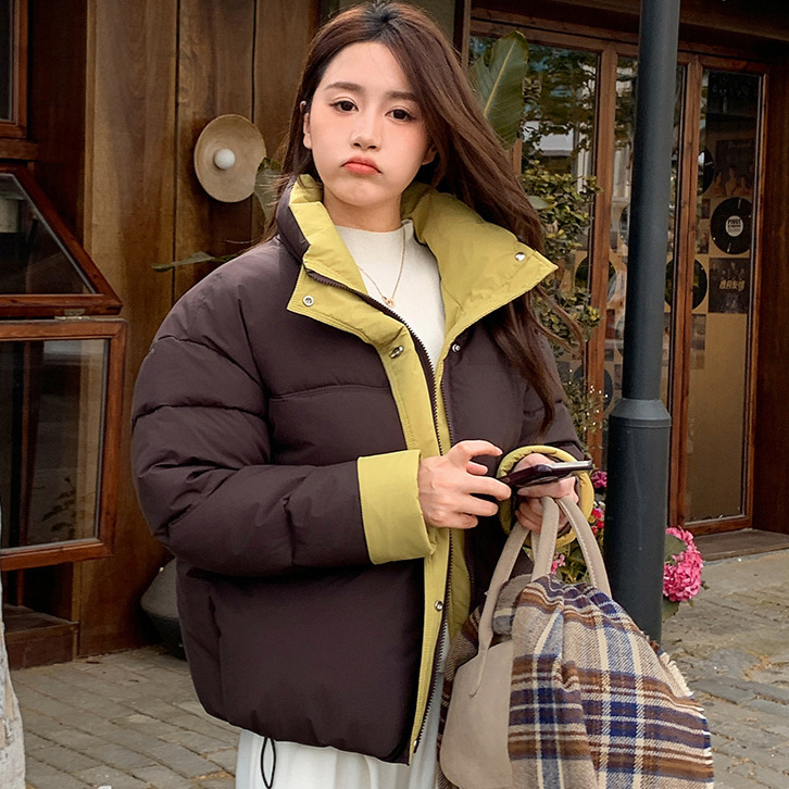 欧货立领撞色拼接棉服女短款冬季2025新款小个子宽松时尚面包外套|undefined