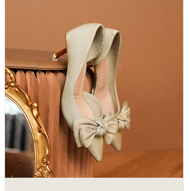 Giày cao gót nữ mũi nhọn gót 6–8 cm chất liệu satin, thắt nơ, cổ thấp, giày cưới — Màu mơ, Màu đen, Màu đỏ rượu chi tiết 10