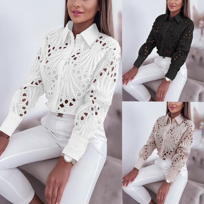 2024 Independent Station wish Amazon Explosions Spring and Autumn Joker Commuter Fashion Lace Hollow Long Sleeve Shirt Women