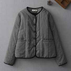 冬季新品文艺复古格子轻薄夹棉短款棉服女外套