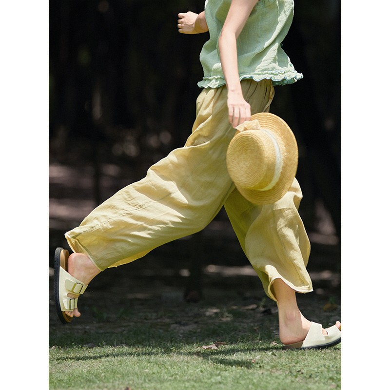 Gjcp 100-Count Fine Ramie Thin Breathable Wide-Leg Straight Pants Elastic Waist Flowing Double-Layer Skirt Pants Summer New