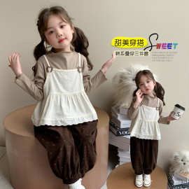 女童吊带圆点灯芯绒裤三件套春秋款2025新款儿童韩版时尚女孩套装