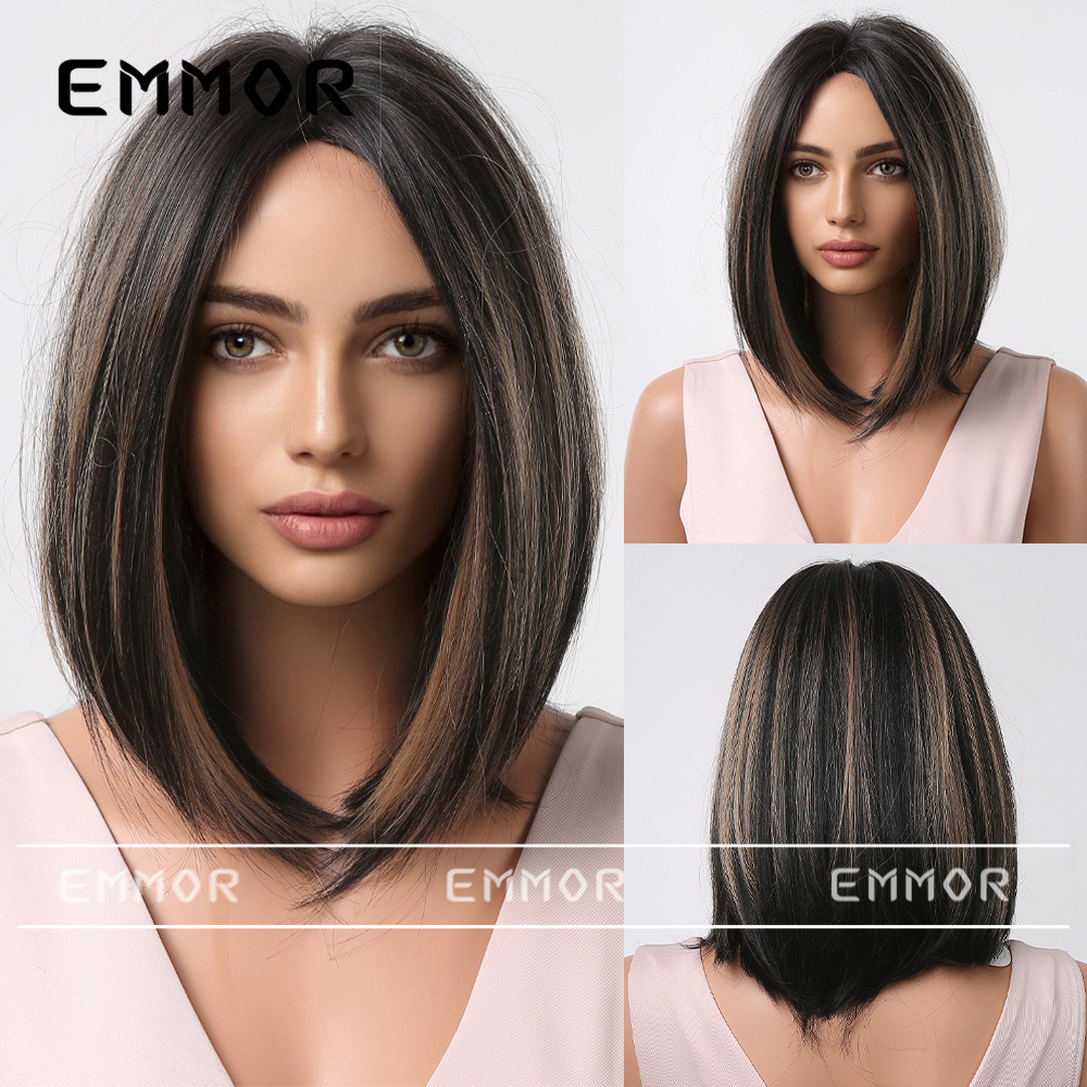Elegante reina estilo europeo y americano estilo de las mujeres peluca marrón medio color mezclado pelo corto recto onda cabeza peluca hembra cabeza cubierta