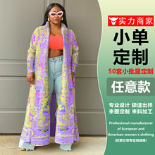 亚马逊欧美时尚女装非洲外贸爆款压褶印花大码风衣外套厂家直销