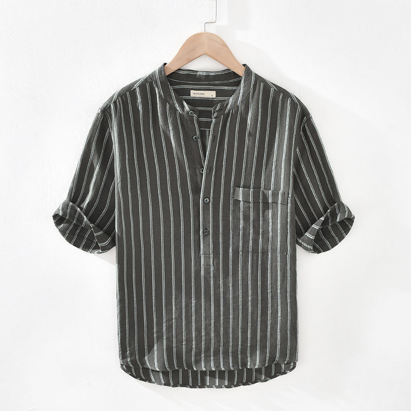 Camisa de manga corta japonesa a rayas de los hombres de moda de verano flojo Delgado collar de pie camisa camiseta de moda pulgadas ropa de los hombres