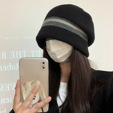 秋季新款韩版ins撞色针织渔夫帽保暖条纹毛线帽大板显脸小堆堆帽