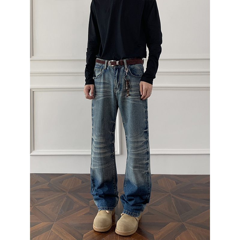 Cleanfit Cat Whisker Fade Jeans For Men - Retro Straight-Leg Denim Pants With Gradient Wash (Blue/Black, M-5XL)_voghion.com