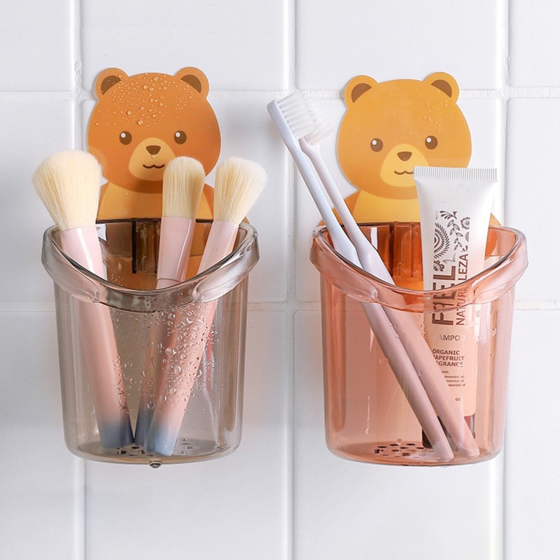 Estante de almacenamiento de oso cepillo de dientes titular de pasta de dientes sin ponche taza de lavado caja de almacenamiento de Peine montado en la pared estante de almacenamiento de drenaje