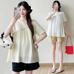 Maternity Wear 2025 Summer Korean Style Shell Beaded Maternity Baby Doll Shirt Puff Sleeves Loose Maternity Shirt Top